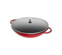 Staub Wok en fonte émaillée – Couvercle en verre – 37 cm – Rouge Cerise