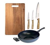 Wok de Ø30 cm en aluminium pressé de couleur bleue + 3 couteaux en acier inoxydable + planche à découper 40 x 25 cm NOIA San Ignacio