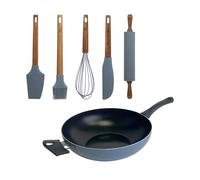 Wok de Ø30 cm en aluminium pressé de couleur bleue + Set de 5 ustensiles en silicone et bois NOIA San Ignacio