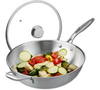 Wok, Diamètre De 32 Cm, Acier Inoxydable, Couvercle Verre, Cuisinière À Induction, Gaz, Éléctrique, Argentée - Relaxdays
