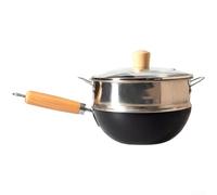 Wok en fer forgé non revêtu de 20 cm, poêle japonaise pour induction gaz électrique, poêle compacte pour 1 personne avec couvercle et spatule en bois, blanc (C-20 cm)
