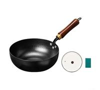 Wok en fer martelé 20/24/26 cm noir sans revêtement pour la maison, la cuisine, la préparation des aliments pour bébés, grand ventre (24 poêles brouillées + couvercle trempé + tampon à récurer)