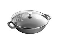 STAUB Wok en Fonte avec Couvercle en Verre et Grille Amovible Inclus, 30 cm, 4,40 L, Gris Graphite