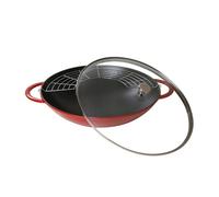 Staub Wok en fonte émaillée – Couvercle en verre – 37 cm – Rouge Cerise