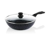 wok induction - 30cm poele wok anti adhésif - couvercle en verre - marbre noir