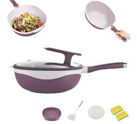 Wok multifonction en céramique de titane anti-adhésif de 32 cm, cuisson à la vapeur et à l'ébullition, wok de cuisine en céramique légère, huile, fumée, cuisine familiale (violet)