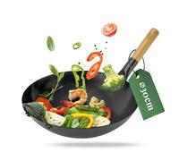 wok pasoli | PRÉ-CULOTTÉ | fond rond | Pour la cuisinière à gaz ou le grill | 30 cm de diamètre | wok traditionnel en acier au carbone martelé à la main | couche antiadhésive naturelle