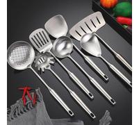 Wok robuste en acier inoxydable 304 avec long manche, spatule, louche, écumoire pour cuisine chinoise, ustensiles de cuisine professionnels, passe au lave-vaisselle et facile à nettoyer (E)