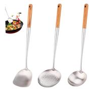Wok Spatula, Wok Ladle et Skimmer Ladle Set Spatule en acier inoxydable avec poignée en bois brossé lisse à mijotage
