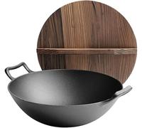Wok Traditionnel en Fonte martelée à la Main de 14 Pouces, marmite de Chef, avec 2 Oreilles de poêle et Couvercle - 36 cm(33cm)