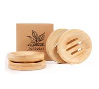 Wokelai Lot de 4 porte-savons ronds en bambou pour savon, shampooing et après-shampooing, plateaux à savon auto-drainants, multi-usages, salle de bain et cuisine