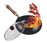 woken fer antiadhésif - poêlede cuisson domestique, wokà frire en fer non revêtu, batterie de cuisine robuste avec couvercle | poêleà Distribution de chaleur uniforme, poêleà frire classique, uti