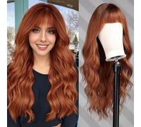 WOKESTAR Longue perruque rousse pour femmes Perruque ondulée en cheveux synthétiques avec frange