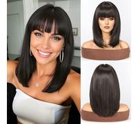 WOKESTAR Staright Wig with Fringe Perruques Mi-longues Superposées Synthétiques pour Femmes Couleur noir Naturel