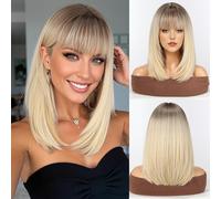 WOKESTAR Staright Wig with Fringe Perruques Synthétiques Mi-longues et Dégradées pour Femmes Blondes