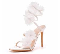 WOkismD 10.5CM Bout Ouvert Floral Cheville Strappy Lace Up Stiletto Talon Sandales avec Dos Fleur Fête Mariage Robe Chaussures,Blanc,39 EU
