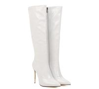 WOkismD 10CM / 3.93IN Bottes Hautes en Cuir Verni à Bout Pointu Bottes à Talons Hauts pour Femmes Bottes Hautes Blanches Grande Taille,Blanc,40 EU