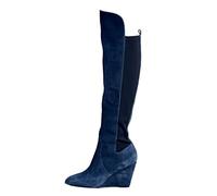 WOkismD 10CM/3.93IN Femmes Bleu Suède Rond Toe Haut Talon Genou-Haute Bottes Grande Taille Wedge Bottes,Bleu,38 EU