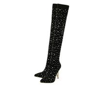 WOkismD 11CM / 4.33IN Bottes à Talons Hauts pour Femmes Bottes à Talons Hauts en Tissu Extensible en Strass à Bout Pointu sur Le Genou,Noir,41 EU