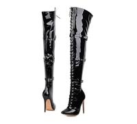 WOkismD 12 CM Pointed Toe Over-The-Knee Bottes Super High Heel Sexy Modèle en Cuir Verni Nightclub Stiletto Knight Boots,Noir,40 EU