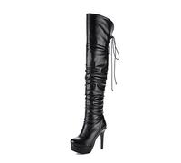 WOkismD 12CM / 4.72IN Talons Hauts Femmes Sexy Cuir Verni Cuisse Bottes Hautes Discothèque Prom Talon Haut Pole Dance Bottes,Noir,43 EU