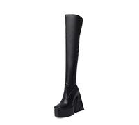 WOkismD 14Cm / 5,51In Bottes De Genou pour Femmes Plate - Forme Bottes À Talon Épais Bottes À Orteil Carré Bottes De Chevalier,Noir,46 EU