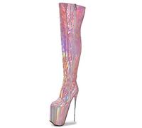 WOkismD 20CM unisexe hommes femmes plate-forme talons hauts sur les bottes au genou Sexy Stripper Party Club pôle danse cuissardes bottes en cuir verni grande taille,Rose,46