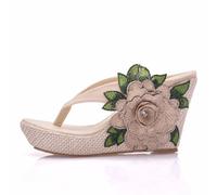 WOkismD 3.5IN Femmes Broderie Diapositives Sandales Compensées Plage Personnes Coin Sandales Bout Ouvert Pantoufles D'été,Beige,37 EU