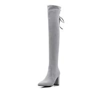 WOkismD 8CM/3.14IN Femmes Stretch Suede Chunky Heel Cuisse Haute sur Le Genou Bottes,Gris,44 EU