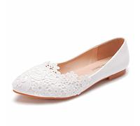 WOkismD Ballerines plates à enfiler pour femme en dentelle blanche - Chaussures de mariage pointues à bout fermé - Chaussures confortables pour fête de mariage - Blanc, 34