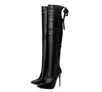 WOkismD Bottes à la Mode pour Femmes, Cuissardes à Talon Stiletto de 12 cm en Faux Cuir avec découpes et détails à Lacets,Noir,38 EU