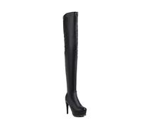 WOkismD Bottes à Plateforme à Talons Aiguilles au-Dessus du Genou, Bout Rond, Fermeture éclair latérale, Robe Sexy, Talons de 12 cm,Noir,40 EU