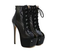 WOkismD Bottes à Plateforme en Mesh pour Femmes 16,5CM/6,5IN, à Lacets, Talon Stiletto Ultra Haut, Bout Ouvert, Chaussures de Club à la Mode,Noir,35 EU