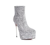 WOkismD Bottes à Talons Aiguilles Scintillants pour Femmes avec Bout Pointu et découpes,Argent,38 EU