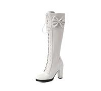 WOkismD Bottes blanches à lacets pour femme - Talon épais avec nœud - Fermeture éclair latérale - Bout rond - Style Sweet Lolita pour fête et usage quotidien, blanc, 39 EU