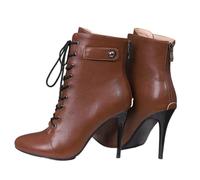 WOkismD Bottes Courtes à Talons Hauts pour Femmes avec Talons Aiguilles et Bouts Pointus, à Lacets,Marron,36 EU