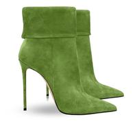 WOkismD Bottes Courtes en Daim avec Talon Fin de 12 cm, Bout Pointu et Fermeture éclair latérale,Vert,42 EU