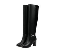 WOkismD Bottes de Mode pour Femme, Noires, mi-Mollet, Talon épais Bloc, Similicuir, Boucle décorative, Fermeture éclair latérale,Noir,43 EU