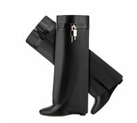 WOkismD Bottes de Mode pour Femmes, Hauteur Genou, Talon compensé, Simili Cuir, détail Cadenas, Fermeture éclair latérale, Revers plié,Noir,45 EU