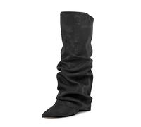 WOkismD Bottes décontractées à Talon compensé mi-Mollet pour Femmes, Bout Pointu, à la Mode,Noir,38 EU