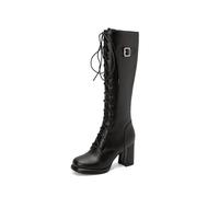 WOkismD Bottes Femme Montantes Jusqu'au Genou avec Talon épais de 8 cm, à Lacets avec Accent Boucle, Bout Rond, Fermeture éclair latérale, pour fêtes, Usage Quotidien et décontracté,Noir,34 EU