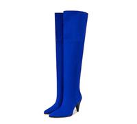 WOkismD Bottes Hautes à Talons pour Femmes de 9 cm, Bout Pointu, faciles à Enfiler, Bottines Longues, Chaussures de Mode Confortables pour Robe,Bleu,36 EU