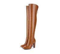 WOkismD Bottes Hautes au-Dessus du Genou pour Femmes en Similicuir avec Talon Bloc et détail chaîne, Mode Robe pour fête,Marron,40 EU