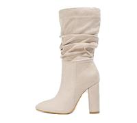 WOkismD Bottes Hautes au Genou pour Femmes avec Talon épais et Bout Pointu en Daim à Enfiler, Bottes Longues à Mollet Large, Chaussures de soirée Tendance pour Rendez-Vous,Beige,38