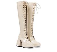 WOkismD Bottes Hautes en Cuir Verni pour Femmes, Bout carré, Talon Bloc, Bottes d'équitation à Lacets avec Fermeture à glissière latérale complète, Chaussures de Style Punk, Bottes de Combat,Beige,35