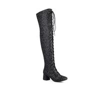 WOkismD Bottes Hautes Femme au-Dessus du Genou à Talon épais de 6 cm, à Lacets avec Paillettes et Bout Rond,Noir,40 EU