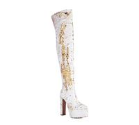 WOkismD Bottes Hautes pour Femme à Paillettes, Sexy, Plateforme épaisse, Talons Hauts de 15,5 cm, au-Dessus du Genou, pour soirée, Danse et Tenue habillée,Blanc,36 EU