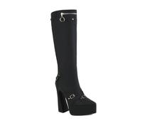 WOkismD Bottes Hautes pour Femme à Talon épais Plateforme de 14 cm, Bout Pointu, Multiples Boucles, Mode Jusqu'au Genou,Noir,35 EU