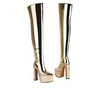 WOkismD Bottes Longues Sexy pour Femmes, à Talon épais de 15,5 cm, Bout Pointu, au-Dessus du Genou,d'or,34 EU