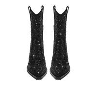 WOkismD Bottes mi-Mollet pour Femmes en Strass, Talon Bloc Scintillant, Bottes de Cow-Boy pailletées,Noir,41 EU